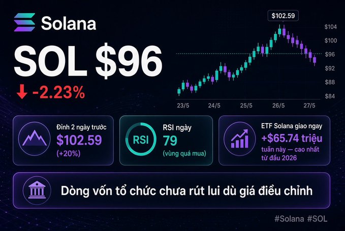The image displays a Solana (SOL) cryptocurrency market dashboard showing SOL at $96, down 2.23%, with a candlestick chart tracking price movement from May 23-27 after peaking at $102.59 two days prior. Key metrics highlight a daily RSI of 79 (overbought zone), $65.74M in spot Solana ETF inflows this week, and a note that institutional capital has not withdrawn despite the correction.