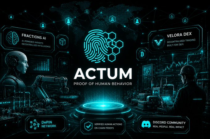 A graphic for 'ACTUM PROOF OF HUMAN BEHAVIOR' featuring a futuristic AI and human design, highlighting partnerships with 'FRACTIONS AI,' 'VELORA DEX,' a 'DePIN NETWORK,' and a 'DISCORD COMMUNITY.'