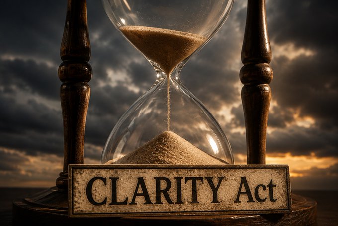 A dramatic image of an hourglass with sand flowing through it against a cloudy sunset sky, with a sign reading 'CLARITY Act' in the foreground.