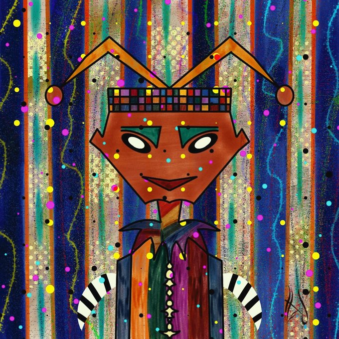 A vibrant, abstract digital painting features a jester-like character with a colorful checkered crown, geometric facial features, and striped clothing set against a striped background with confetti-like dots. The artwork, recently sold and collected by @MasterpieceXRPL on @xrpcafe, reflects the artist's distinctive, playful, and bold style celebrated in the NFT community.