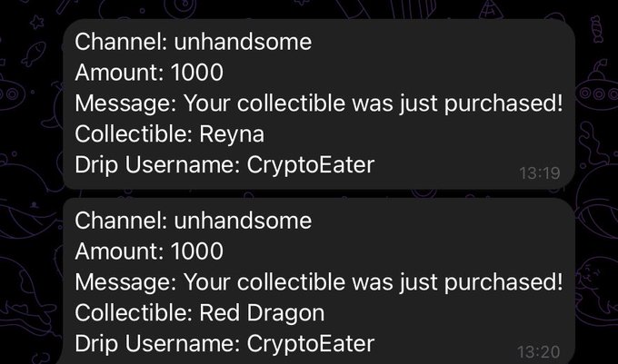 Twitch chat notifications showing purchases of 'Reyna' and 'Red Dragon' collectibles from 'CryptoEater' on channel 'unhandsome', each for 1000.