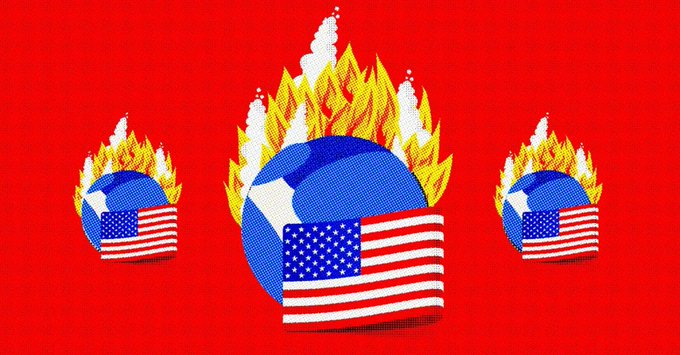A stylized illustration depicts American flags and globes engulfed in flames against a red background, symbolizing the burning of USTC tokens on the Terra Classic blockchain. The image visually represents the destruction or "burning" of U.S.-associated cryptocurrency, tying into the post about increased USTC token burning due to the 1.5% tax.