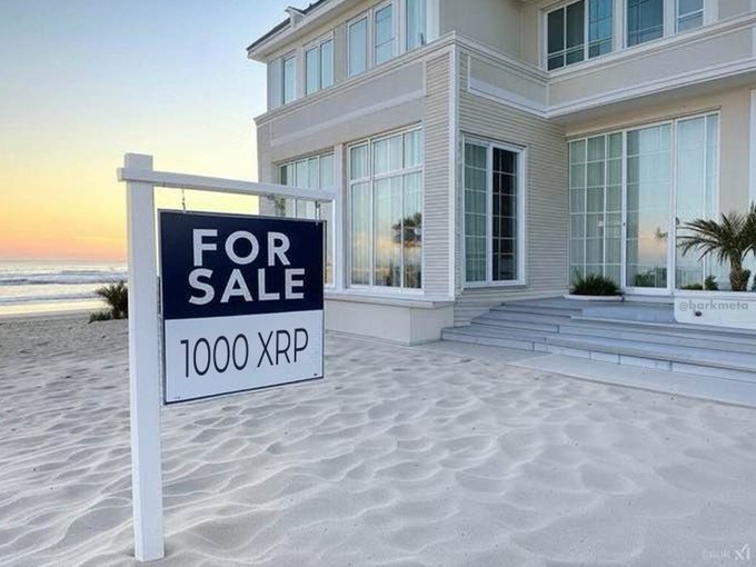 A beachside luxury home is listed "FOR SALE" with a price of "1000 XRP," visually representing the post's message that $XRP could become a mainstream currency used for high-value real estate transactions.
