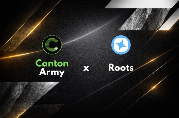 A promotional graphic announcing a partnership between Canton Army and Roots, featuring their respective green C and blue diamond logos on a dark textured background.