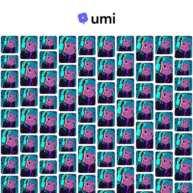 A repeating grid pattern of a cartoon-style character with teal hair and headphones, under the logo "umi".