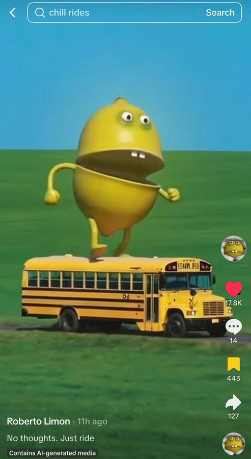The image shows a 3D-rendered character of a lemon with a face and limbs standing on top of a yellow school bus in a grassy field, posted by user Roberto Limon 11 hours ago with the caption "No thoughts. Just ride" and tagged as containing AI-generated media. The post humorously fits with the description of @Flowslikeosmo's unusual content, featuring the quirky "handicapped lemon" character in an absurd scene.
