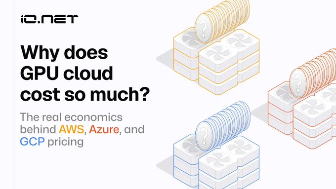 A blog header from io.net titled 'Why does GPU cloud cost so much?' about the economics behind AWS, Azure, and GCP pricing, illustrated with stacked coins and GPU units.