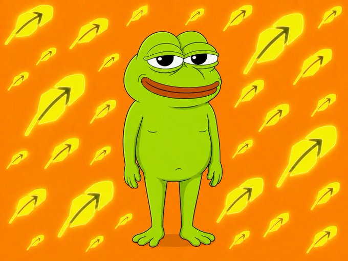 A cartoon image of Pepe the Frog standing alone with a smug expression, set against an orange background with yellow leaf patterns.