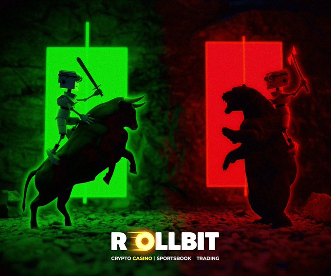 A promotional advertisement for Rollbit, a Crypto Casino, Sportsbook, and Trading platform, depicting a dramatic scene of a knight on a bull (green) battling a knight on a bear (red), representing bull vs bear market trading.