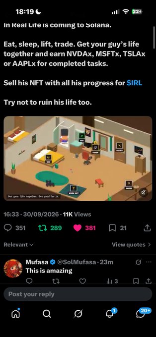 A social media post about 'In Real Life' coming to Solana, featuring text about eating, sleeping, lifting, trading, and earning NVDAx, MSFTx, TSLAx or AAPLx for tasks, with a pixel art game screenshot and engagement metrics visible.