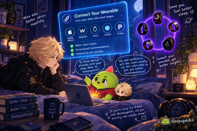 An anime-style illustration featuring a blonde character in bed with a green cat-like creature ('Sleepagotchi') and a digital display reading 'Connect Your Wearable' alongside fitness brand logos (Apple Watch, WHOOP, Oura, CUDIS, PULSE).
