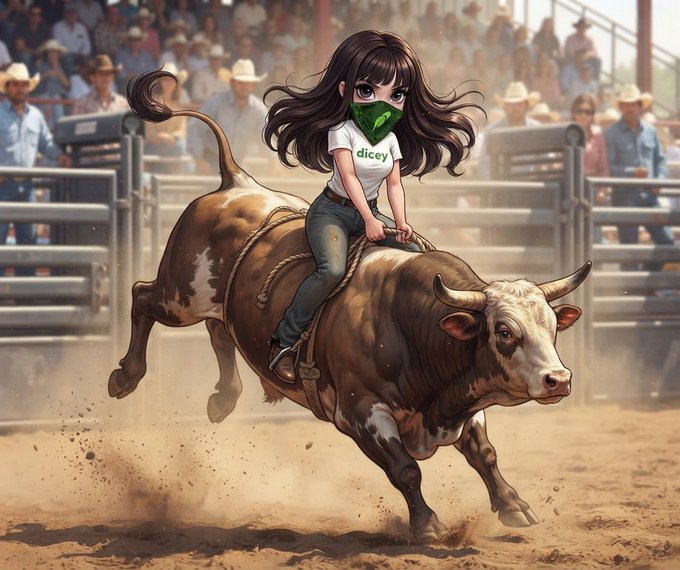 An anime-style illustration depicting a stylized girl wearing a green bandana with 'dicey' text and a white t-shirt riding a charging bull at a rodeo arena with spectators in cowboy hats watching from the stands.