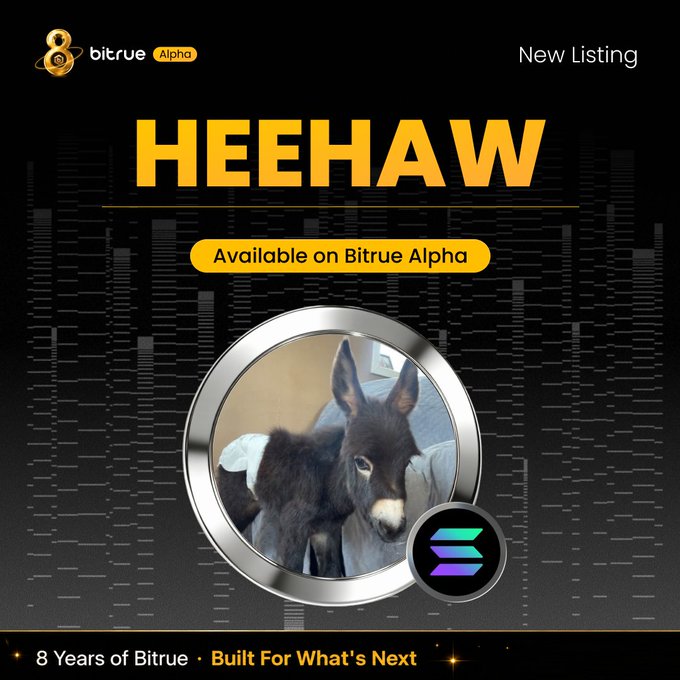 The graphic is a promotional "New Listing" announcement from Bitrue Alpha, featuring a photo of a young donkey and the Solana logo (》) alongside the bold yellow ticker "HEEHAW," matching the post about the meme token $HEEHAW inspired by a bottle-raised donkey. The bottom banner highlights "8 Years of Bitrue · Built For What's Next."