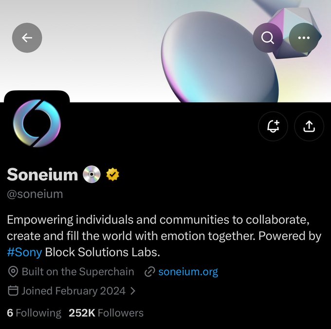 A Twitter/X profile page for 'Soneium' (@soneium) with the description 'Empowering individuals and communities to collaborate, create and fill the world with emotion together. Powered by #Sony Block Solutions Labs.' showing 252K Followers.