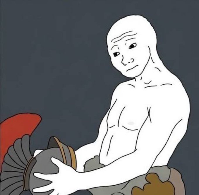 The image features a white man with a sad expression holding a helmet or helmet-like object. The background of the image is black, which contrasts with the white figure and emphasizes his emotions. The caption below the image reads "Join us, wheeler, while your bag is still worth something The choice is yours $WOJAK on ETH is going to billions". This text suggests that the man's sadness might be related to a recent event or situation involving a valuable item like a helmet or a bag of money.