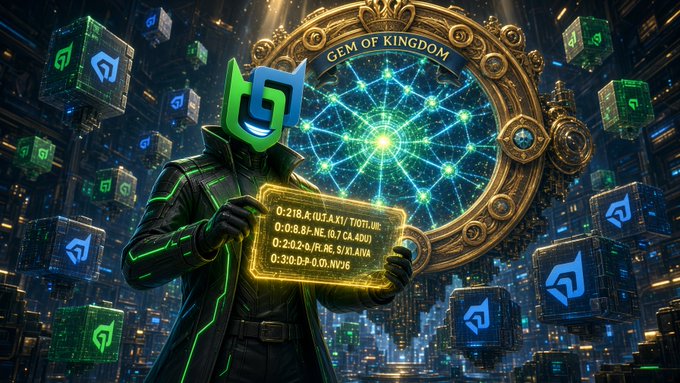 A digital art piece featuring a futuristic character in green armor holding a glowing yellow data card, set against a cyberpunk cityscape with a 'GEM OF KINGDOM' emblem and floating blue cube logos.