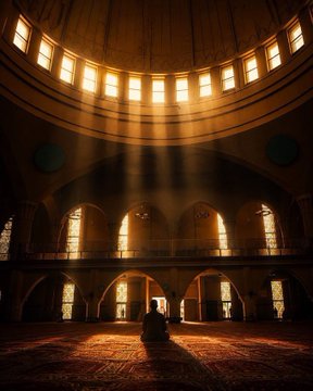 A silhouette of a person sitting inside a large domed building, illuminated by dramatic sunbeams streaming through a ring of upper windows.