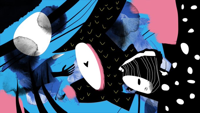 An abstract digital illustration with bold black, blue, and pink shapes, featuring stylized figures and floating circular forms.