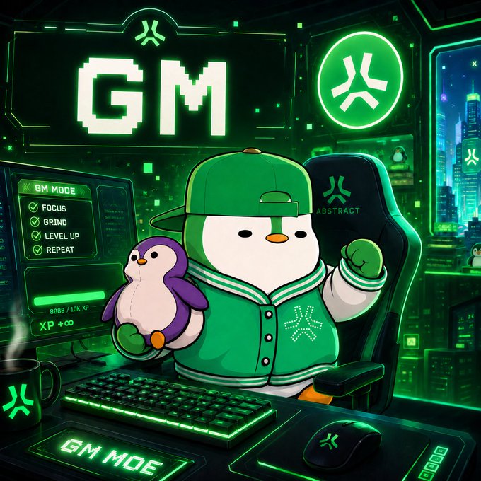 A pixel-art style image of a penguin mascot wearing a green cap and varsity jacket, sitting at a glowing green computer setup displaying 'GM MODE' with checklist items 'FOCUS, GRIND, LEVEL UP, REPEAT' and XP counter.