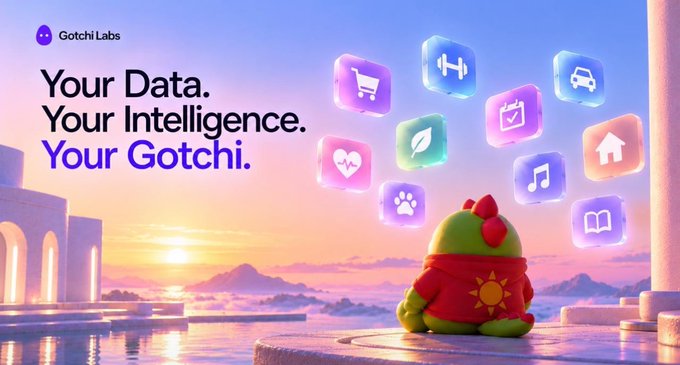 A Gotchi Labs advertisement reading 'Your Data. Your Intelligence. Your Gotchi.' featuring a green creature wearing a hoodie, set against a pastel sunset backdrop with floating app icons.