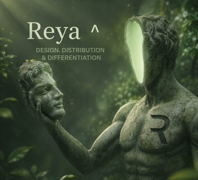 A promotional graphic for "Reya" featuring a classical stone statue holding a glowing mask, with the tagline "DESIGN, DISTRIBUTION & DIFFERENTIATION" in a misty forest setting.