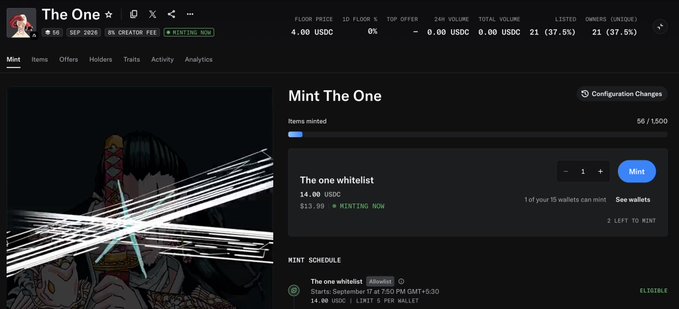 A screenshot of an NFT minting page for 'The One' collection showing 56/1,500 items minted, with artwork featuring an anime-style character playing guitar, priced at 14.00 USDC.