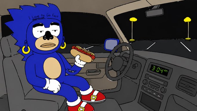 A cartoon depiction of Sonic the Hedgehog sitting in a car holding a hot dog, with the text 'I Love to Go Fast' tattooed on his forehead. The car's dashboard clock reads 3:04 AM and the scene takes place in a dark parking lot.