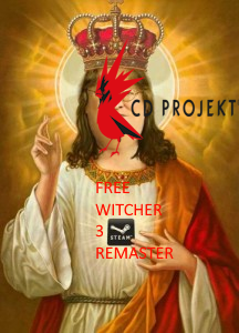 A promotional image featuring a religious-style figure with a crown and a red dragon logo, with text overlay reading 'CD PROJEKT RED FREE WITCHER 3 STEAM REMASTER'.