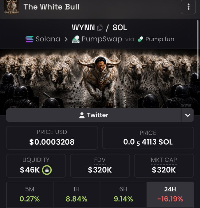 A screenshot of the "The White Bull" token (WYNN/SOL) page on PumpSwap via Pump.fun, showing a price of $0.0003208, liquidity of $46K, FDV of $320K, and a 24H change of -16.19%, with the accompanying contract address 9E2Q4KKxLS5Y4bu6RKvjg5wQ2kzaLkiVsMt7zwMZpump matching the displayed token details.