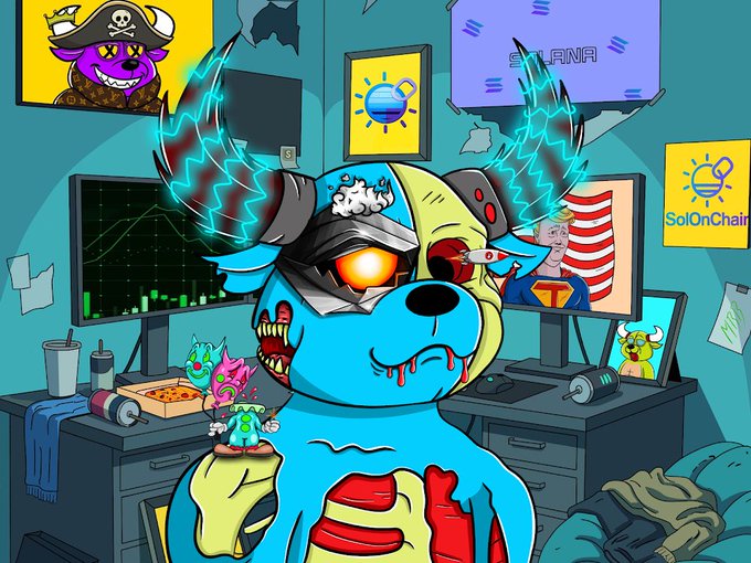 A cartoonish zombie dog with exposed ribs and glowing horns sits at a desk cluttered with trading charts, a piece of pizza, and monitors, with posters including one reading 'SOLANA' and a 'SolOnChain' logo in the corner.