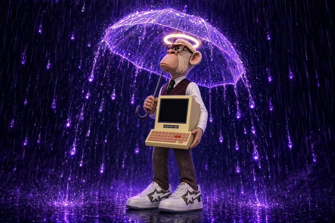 A digital artwork depicts a monkey character wearing a halo, sunglasses, and white sneakers, holding a translucent purple umbrella in the rain while clutching a vintage computer terminal.