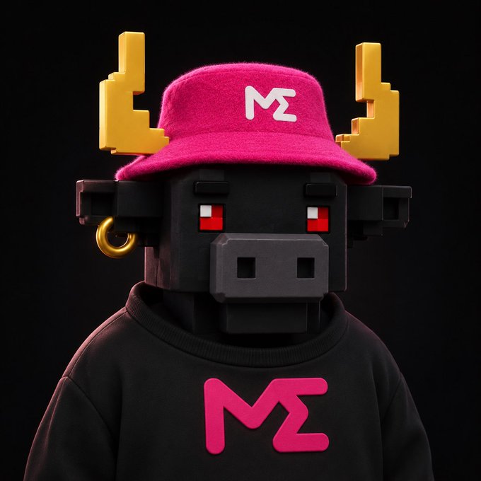 A 3D-rendered character with a black blocky head, red pixel eyes, golden horns, a pink bucket hat with 'MZ' logo, and a black hoodie with a pink 'MZ' logo.