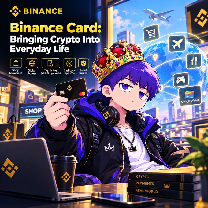 An anime-style promotional graphic for the Binance Card features a purple-haired character wearing a crown and holding a credit card, with text reading 'Binance Card: Bringing Crypto Into Everyday Life'.