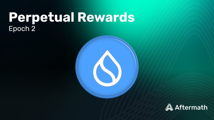 Promotional graphic for 'Perpetual Rewards, Epoch 2' from Aftermath featuring a blue Sui cryptocurrency logo against a green and black background.