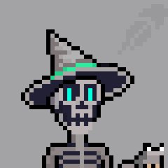 A pixel art skeleton wizard wearing a pointed hat with a glowing blue eye stands ready for a giveaway promoting the @We_Zards collection. The spooky undead mage mascot visually reinforces the wizard-themed NFT project, while the contest requires followers to tag degens for a chance at 5 guaranteed spots.