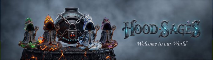 A promotional banner for "Hood Sage's" featuring five hooded, robed figures with different elemental themes (fire, poison, ice, etc.) alongside the tagline "Welcome to our World."
