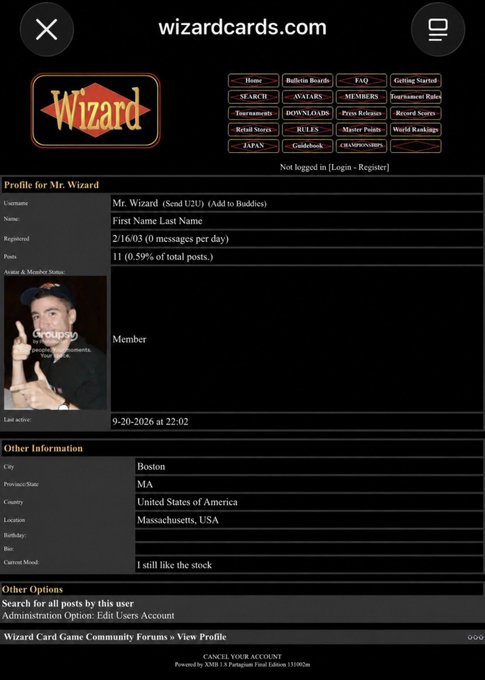 A screenshot of wizardcards.com shows the profile for 'Mr. Wizard (Send U2U)' located in Boston, MA, with 11 posts.