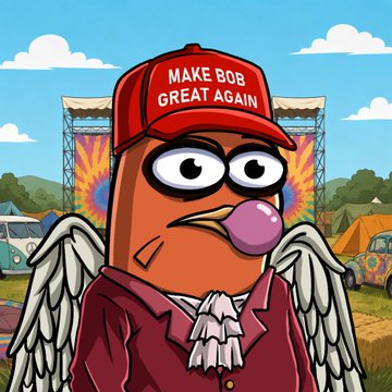 An illustration of an orange bird character dressed in a judge's robe with white wings, wearing a red cap that says 'MAKE BOB GREAT AGAIN', set against a festival background with a van and tents.