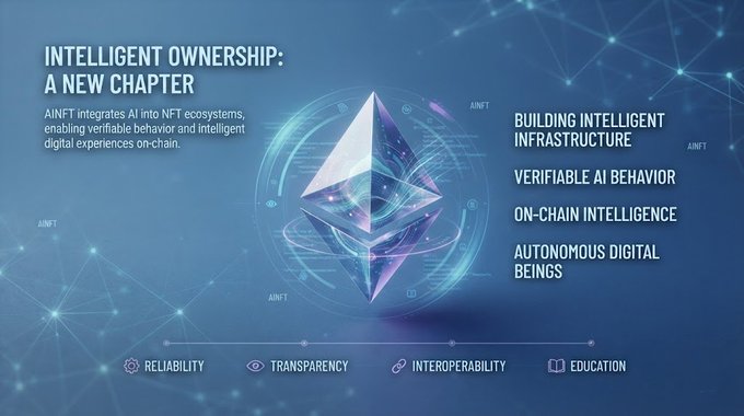 A promotional graphic for AINFT titled 'INTELLIGENT OWNERSHIP: A NEW CHAPTER' featuring an Ethereum-style diamond logo and keywords like 'BUILDING INTELLIGENT INFRASTRUCTURE' and 'VERIFIABLE AI BEHAVIOR'.