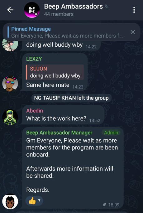 The image shows a group chat conversation between several people, including a person named @0xbeepit ambassadorship who has posted about an online program called "The @0xbeepit ambassadorship program". The program offers $20000 per month for anyone interested in joining and competing against other creators. The creator of the post is asking if others are interested, and they have already received over 40 responses from people expressing their interest in participating.