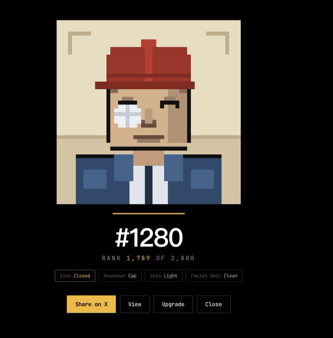 A pixel art avatar of a character wearing a red cap and blue jacket with a winking expression, displaying text '#1280', 'RANK 1,789 OF 2,800', and traits like 'Eyes Closed' and 'Headwear Cap'.