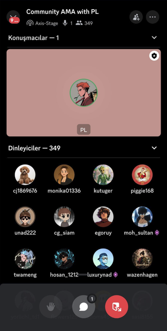 A screenshot of a Discord voice channel called 'Community AMA with PL' showing the speaker 'PL' and a list of 349 listeners with their avatars and usernames.
