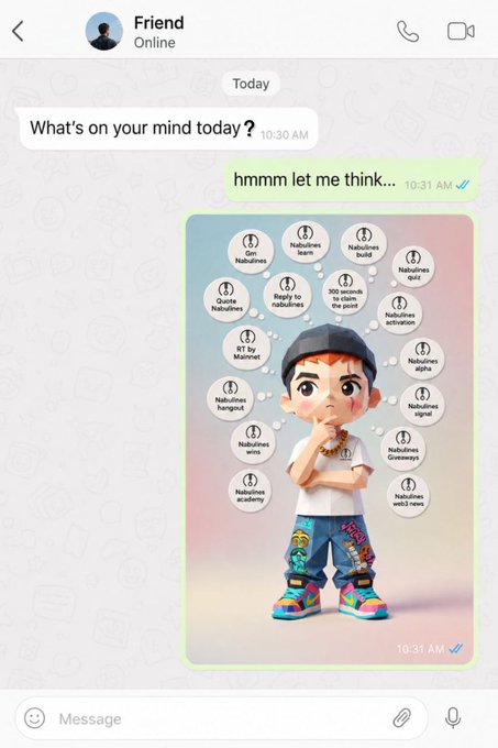 A WhatsApp chat shows a friend asking "What's on your mind today?" and a response with a cartoon avatar surrounded by thought bubbles listing topics like "Nabulines" quiz, build, team, win, webs, and RP by Maimai. The image humorously reflects the accompanying post about the overwhelming abundance of features in Nabulines, making it hard to choose what to discuss.
