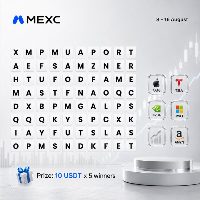 MEXC promotes a "Real U.S. Stocks Challenge" running 8–16 August, featuring a word search puzzle with stock tickers (AAPL, TSLA, NVDA, MSFT, AMZN) hidden inside, alongside a prize of 10 USDT for 5 winners.