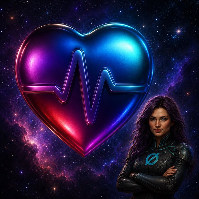 A digital artwork featuring a woman with purple hair and dark futuristic armor standing next to a large, glossy heart-shaped object with an EKG line design, set against a starry space background.