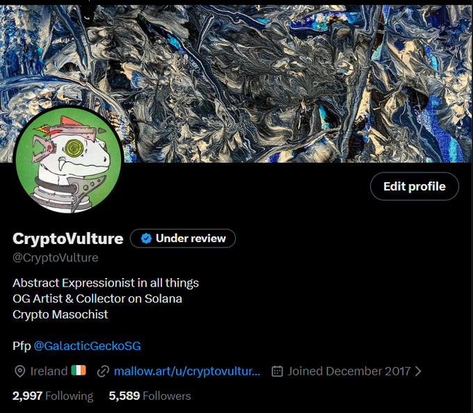 A Twitter/X profile for CryptoVulture (@CryptoVulture) with a cartoon dog astronaut PFP, describing themselves as 'Abstract Expressionist in all things, OG Artist & Collector on Solana, Crypto Masochist,' based in Ireland, joined December 2017, with 5,589 followers.
