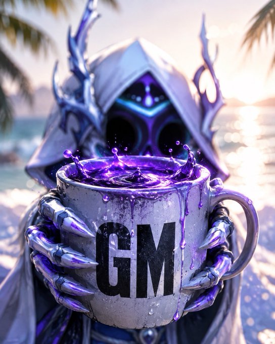 A hooded, masked figure with purple glowing eyes holds a large mug labeled "GM" filled with splashing purple liquid on a beach at sunset.