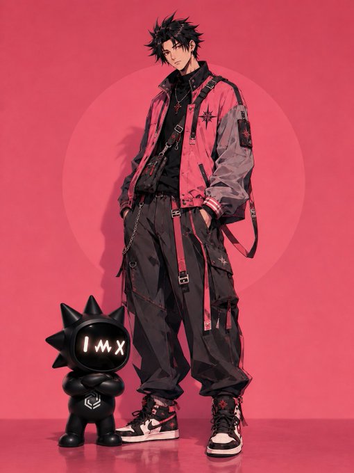 "A man standing next to a figurine, wearing black clothes. The figurine is from the company @Mintory_labs."