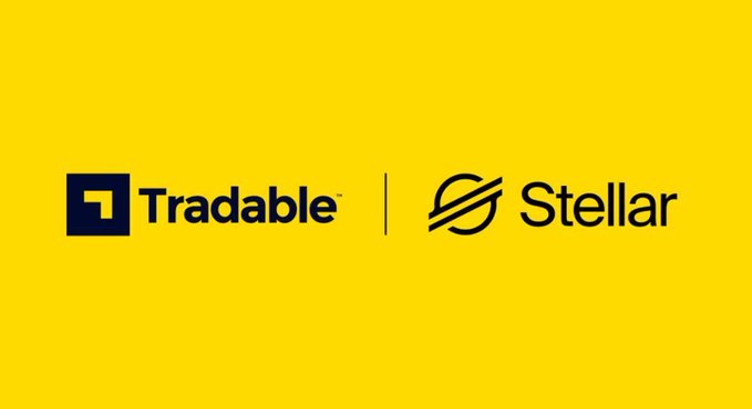 Yellow background image displaying the black logos of 'Tradable' and 'Stellar' side by side, separated by a thin vertical line.