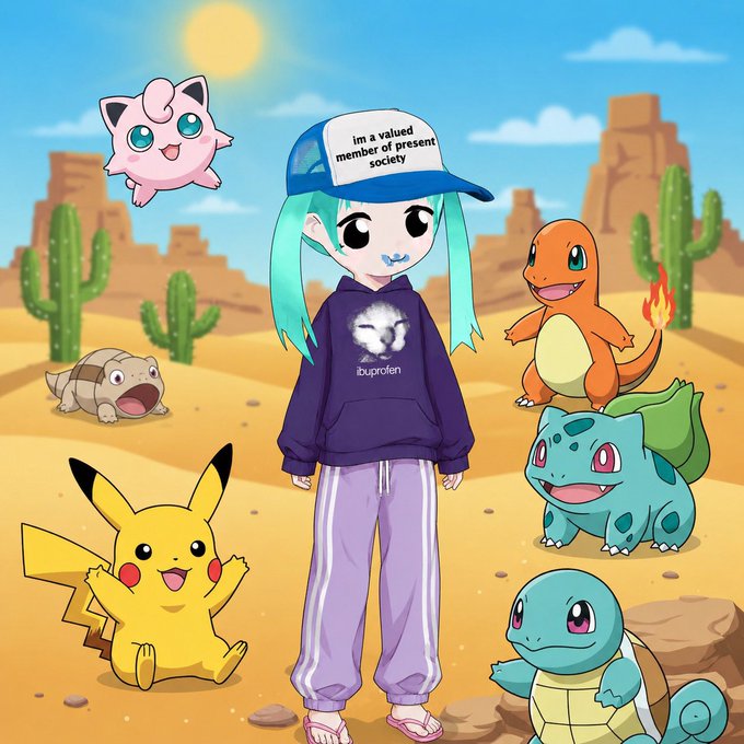 An anime-style illustration shows a teal-haired character in an 'ibuprofen' hoodie and 'im a valued member of present society' cap standing in a desert with Pokémon including Pikachu, Jigglypuff, Charmander, Bulbasaur, Squirtle, and Sandshrew.